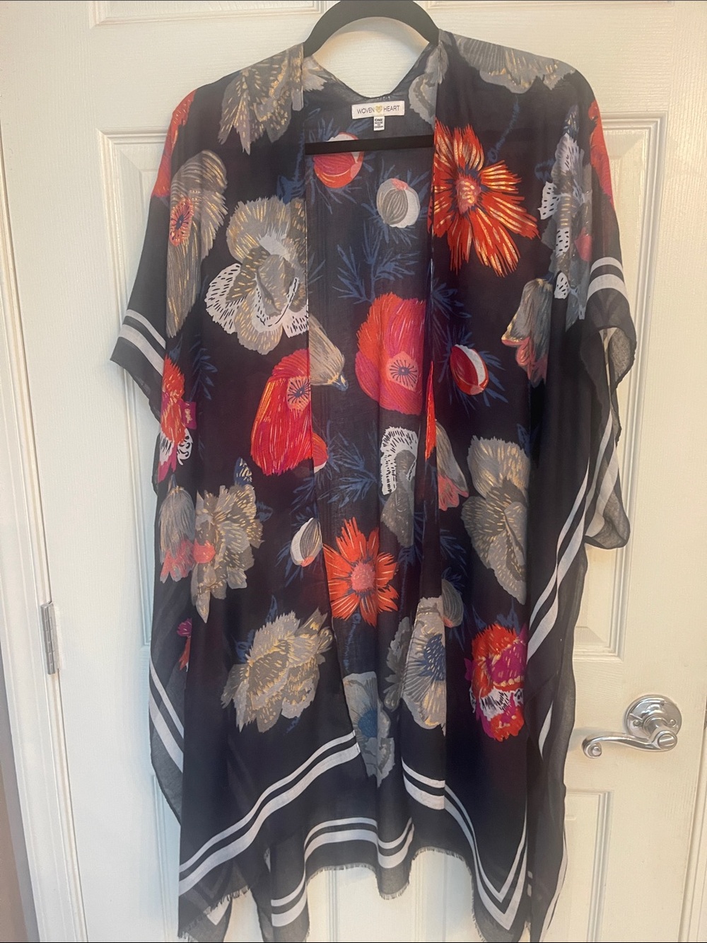 Navy Blue Floral light flowy Kimono with Fuchsia Orange & Gray Blooms NWOT